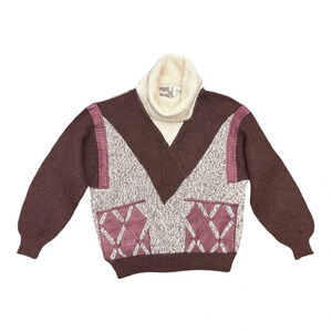 Vintage 80s Turtleneck Mohair WooI Color Block Unisex Sweater Grandma Grandpa